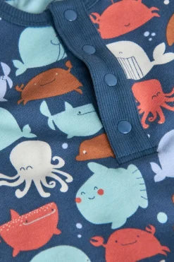 Pagliaccetto in maglia per neonato di colore blu con stampa