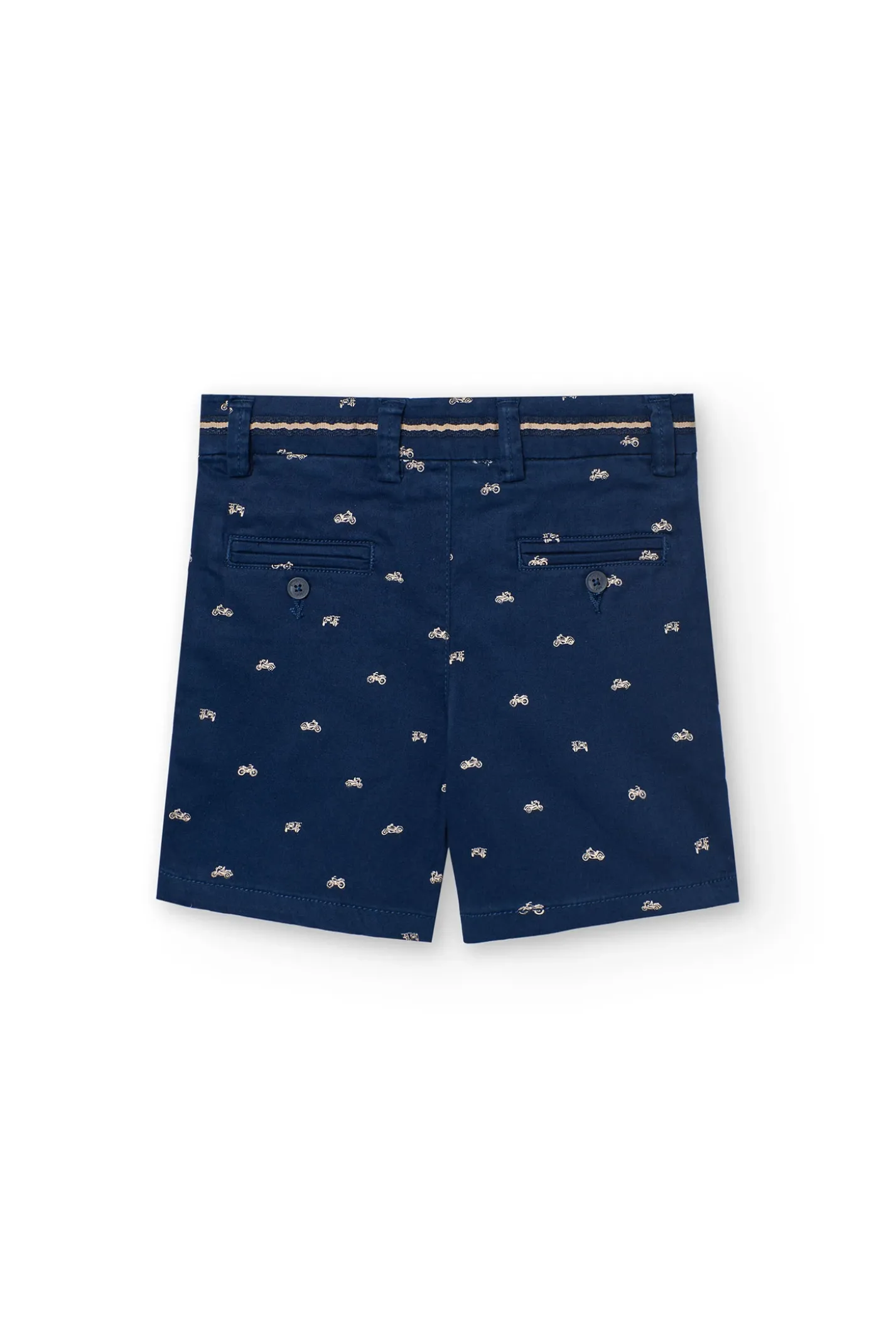 Pantaloncini di raso da bambino con stampa di moto di colore blu