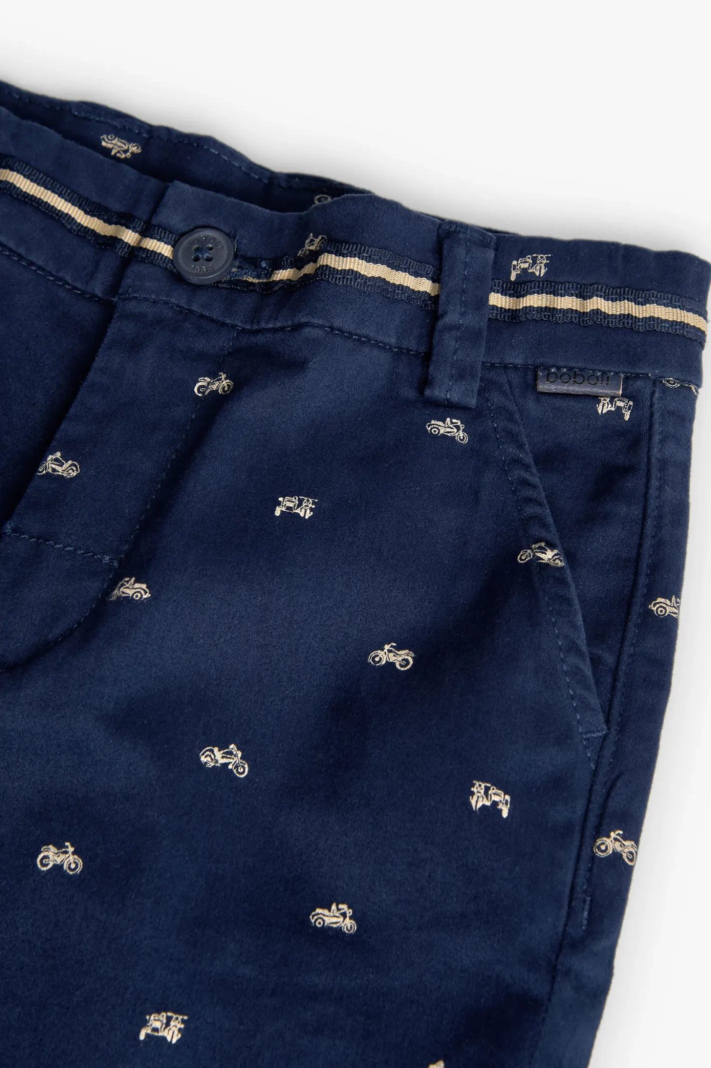 Pantaloncini di raso da bambino con stampa di moto di colore blu