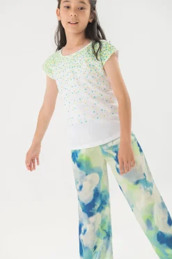 Pantaloni larghi in raso per bambina con stampa nei colori blu e verde