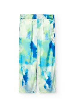 Pantaloni larghi in raso per bambina con stampa nei colori blu e verde