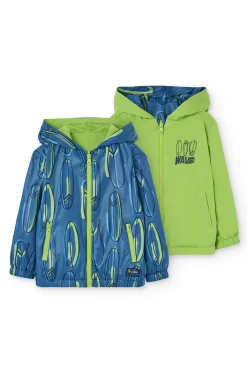 Parka reversibile a maglia per bambino con stampa in blu e verde