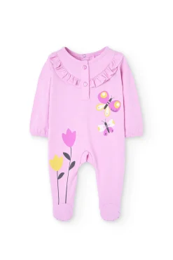 Pelele in maglia per neonata di colore rosa con stampa di farfalle e fiori.