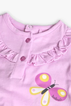 Pelele in maglia per neonata di colore rosa con stampa di farfalle e fiori.