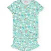 Pigiama in maglia per bambina con stampa di arcobaleni e fiori in tonalità verdi.