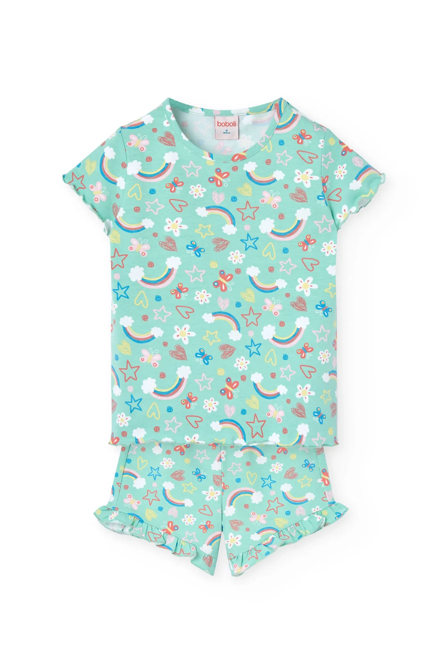 Pigiama in maglia per bambina con stampa di arcobaleni e fiori in tonalità verdi.