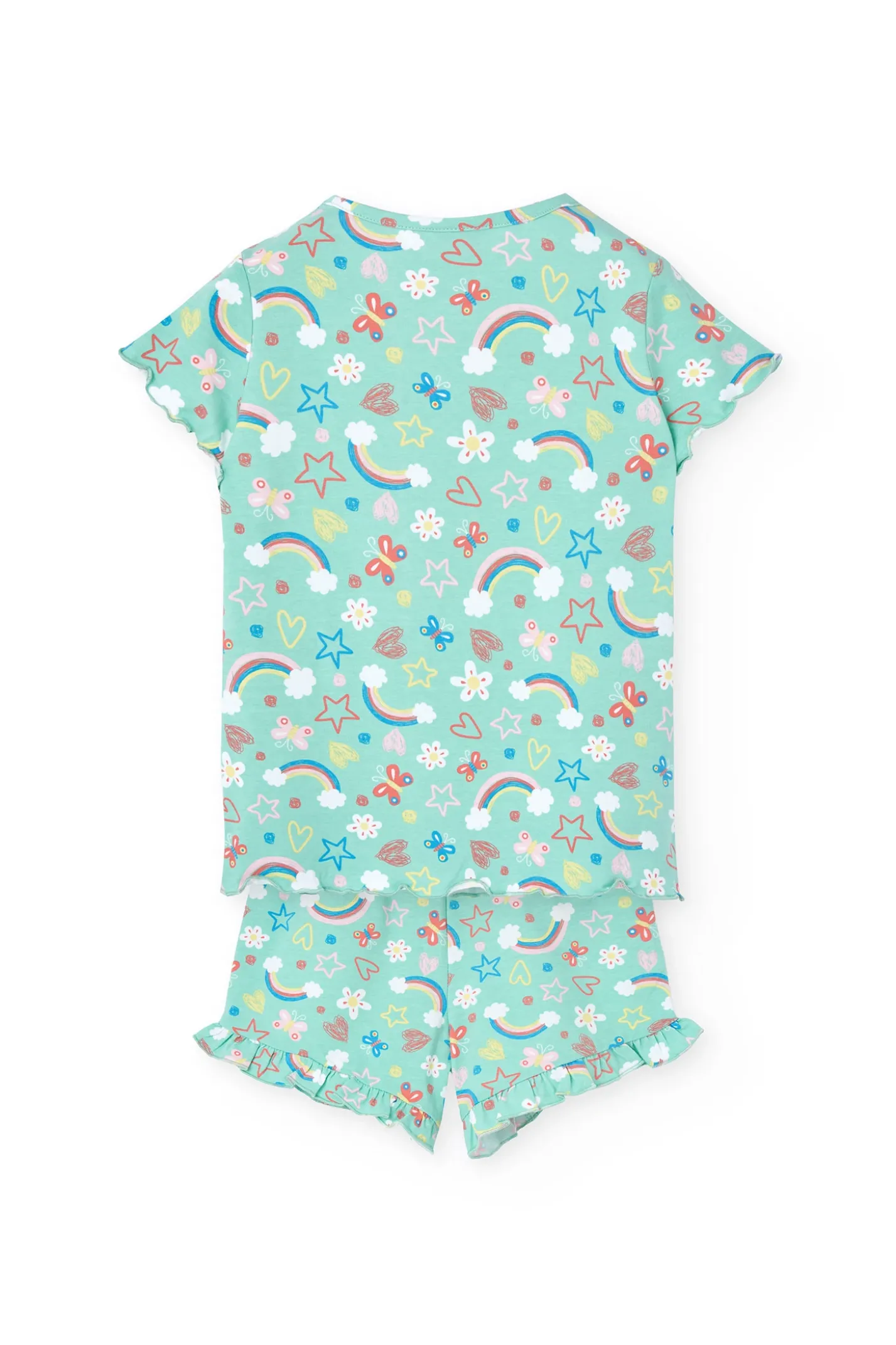 Pigiama in maglia per bambina con stampa di arcobaleni e fiori in tonalità verdi.