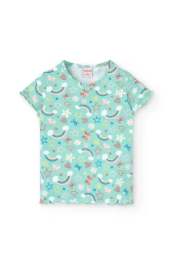 Pigiama in maglia per bambina con stampa di arcobaleni e fiori in tonalità verdi.