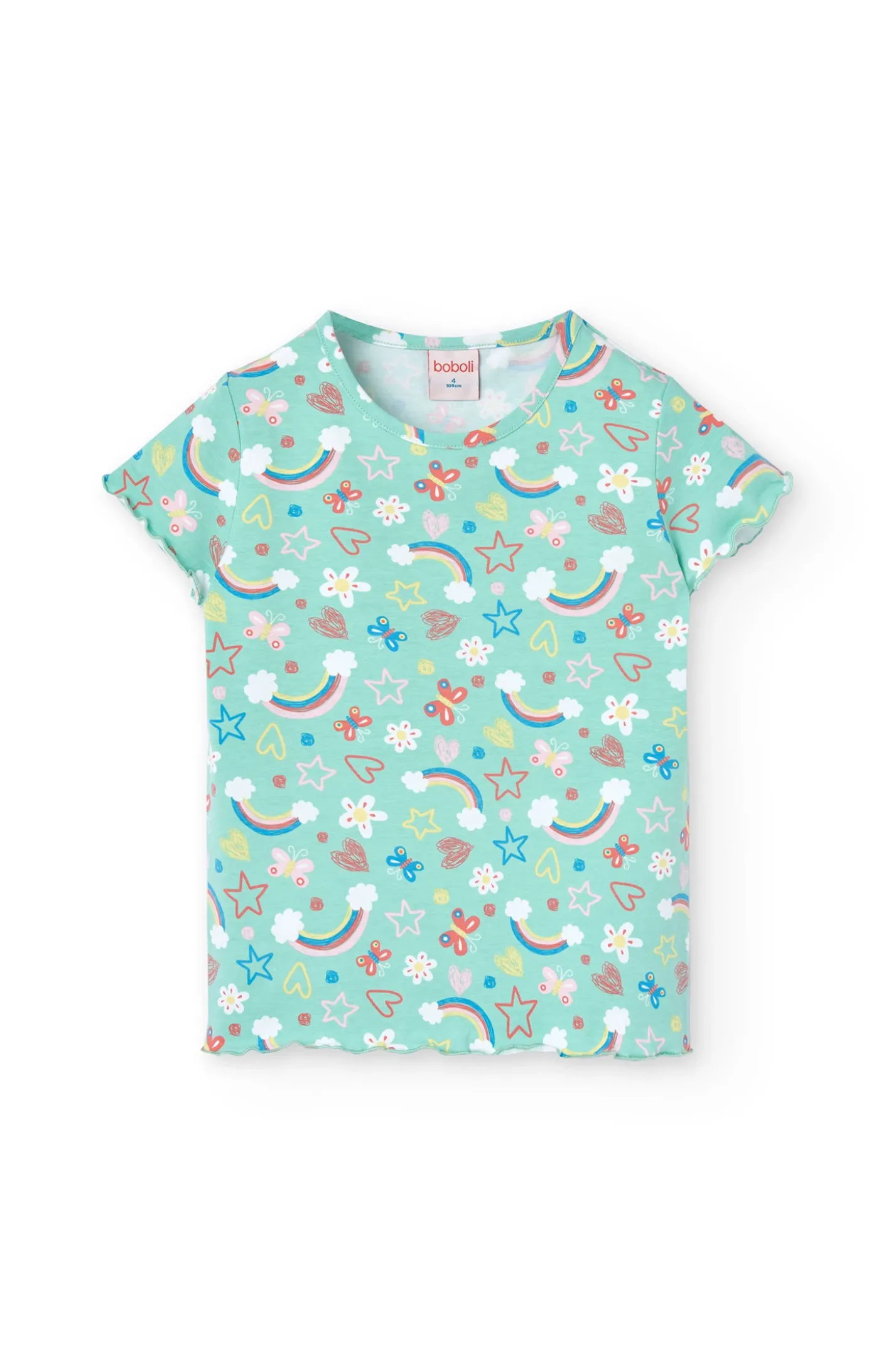 Pigiama in maglia per bambina con stampa di arcobaleni e fiori in tonalità verdi.