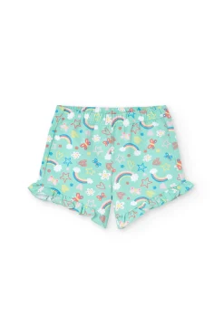 Pigiama in maglia per bambina con stampa di arcobaleni e fiori in tonalità verdi.