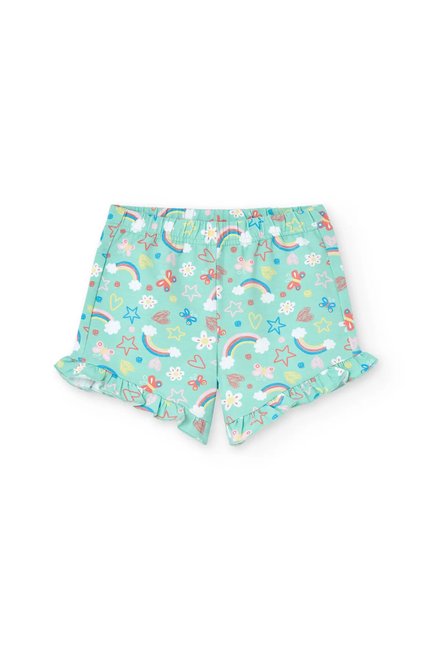 Pigiama in maglia per bambina con stampa di arcobaleni e fiori in tonalità verdi.