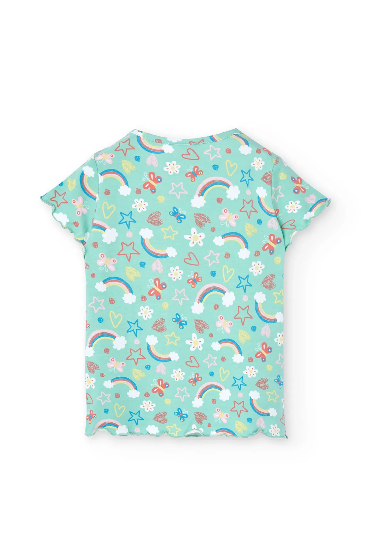 Pigiama in maglia per bambina con stampa di arcobaleni e fiori in tonalità verdi.