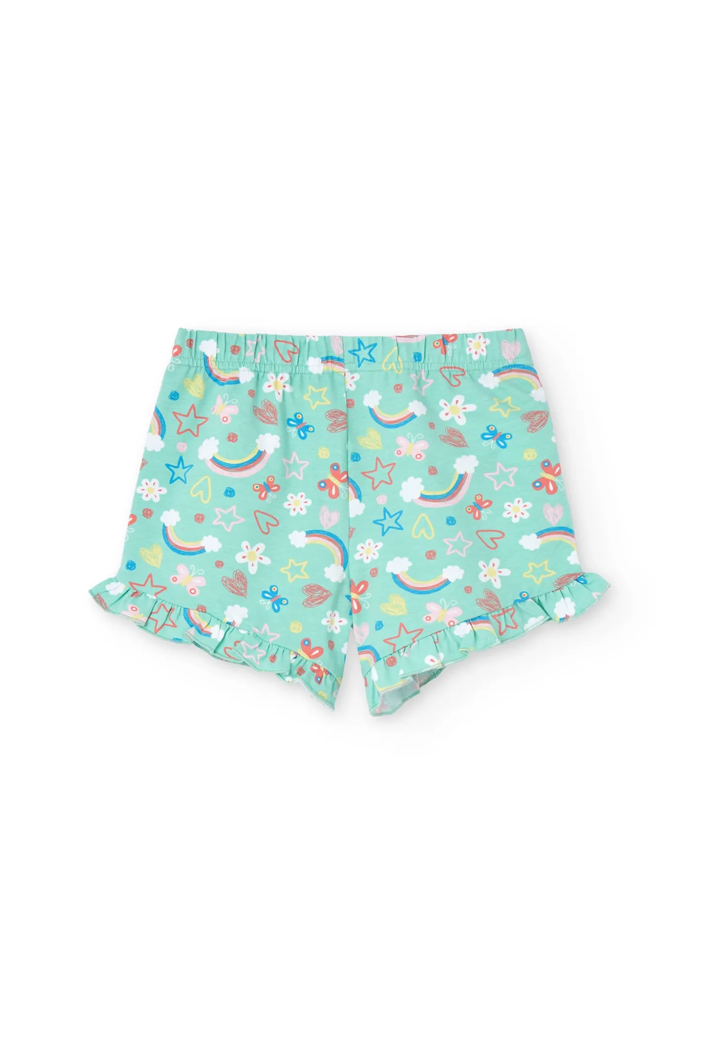 Pigiama in maglia per bambina con stampa di arcobaleni e fiori in tonalità verdi.