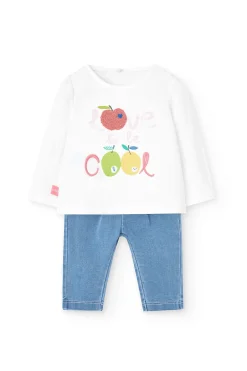 Set coordinato con maglietta e pantaloni in maglia per bambina in colore bianco.