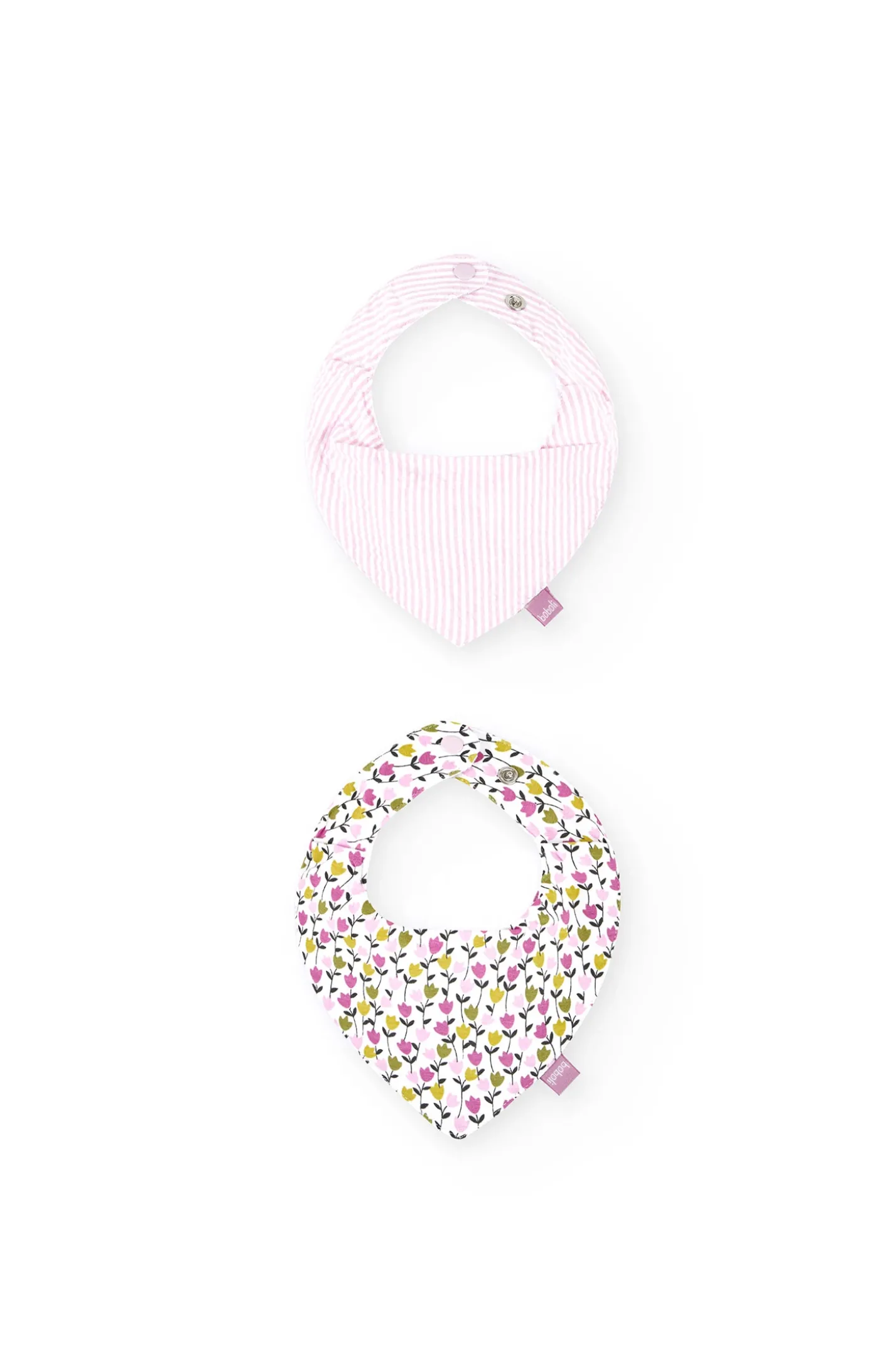 Set di bavaglini a fazzoletto in jersey per neonati unisex di colore rosa con stampa floreale.