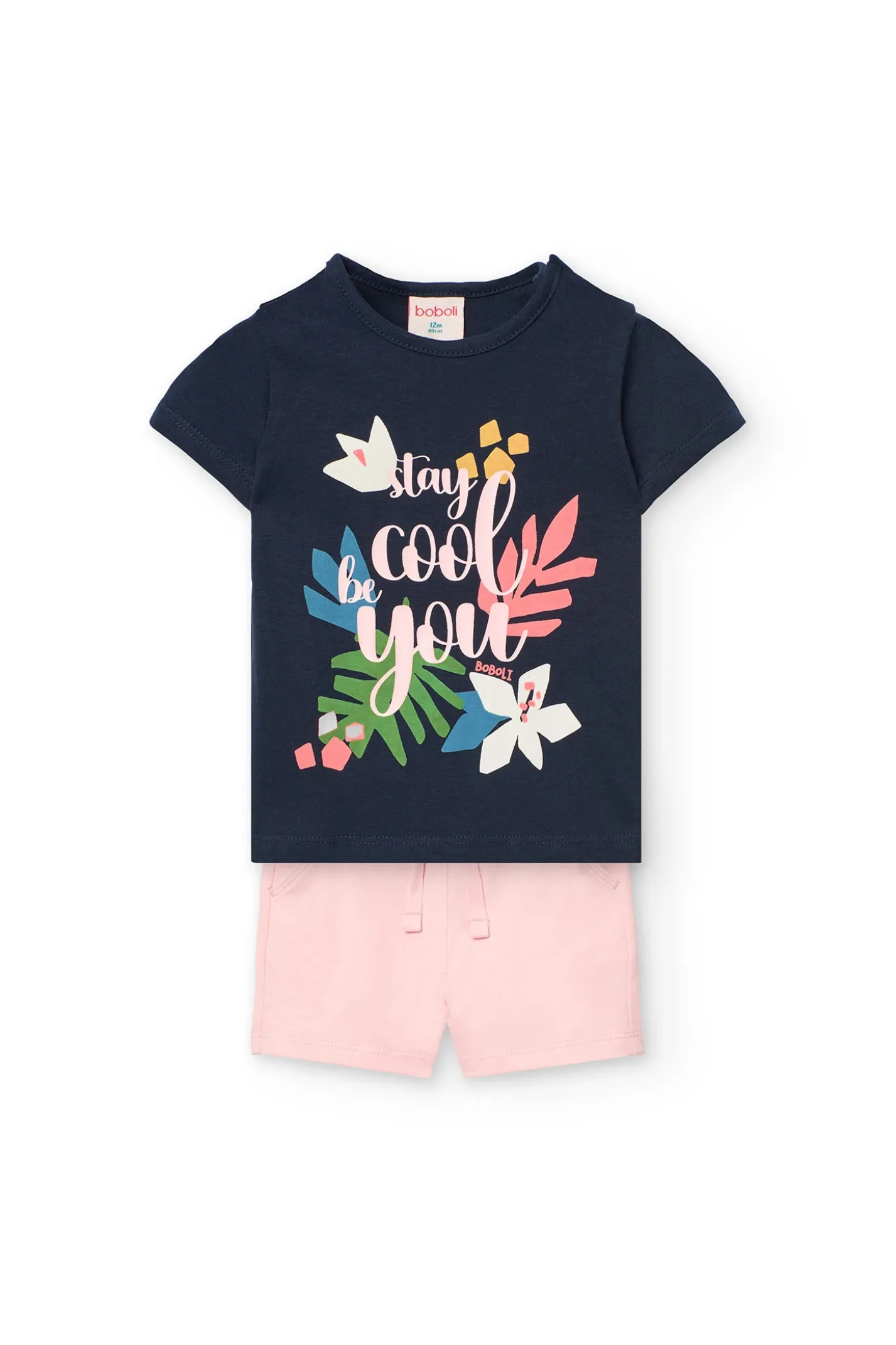 Set di maglietta e pantaloncini in maglia per neonata nei colori blu navy e rosa.