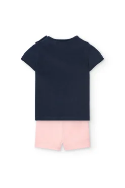 Set di maglietta e pantaloncini in maglia per neonata nei colori blu navy e rosa.