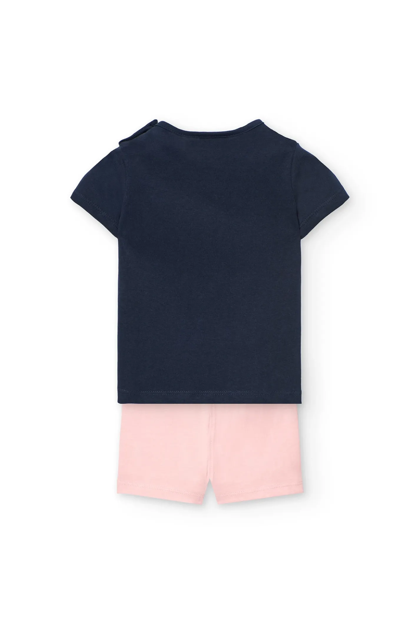 Set di maglietta e pantaloncini in maglia per neonata nei colori blu navy e rosa.