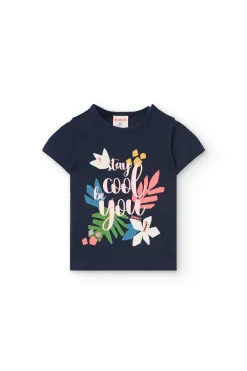 Set di maglietta e pantaloncini in maglia per neonata nei colori blu navy e rosa.