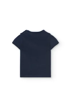 Set di maglietta e pantaloncini in maglia per neonata nei colori blu navy e rosa.