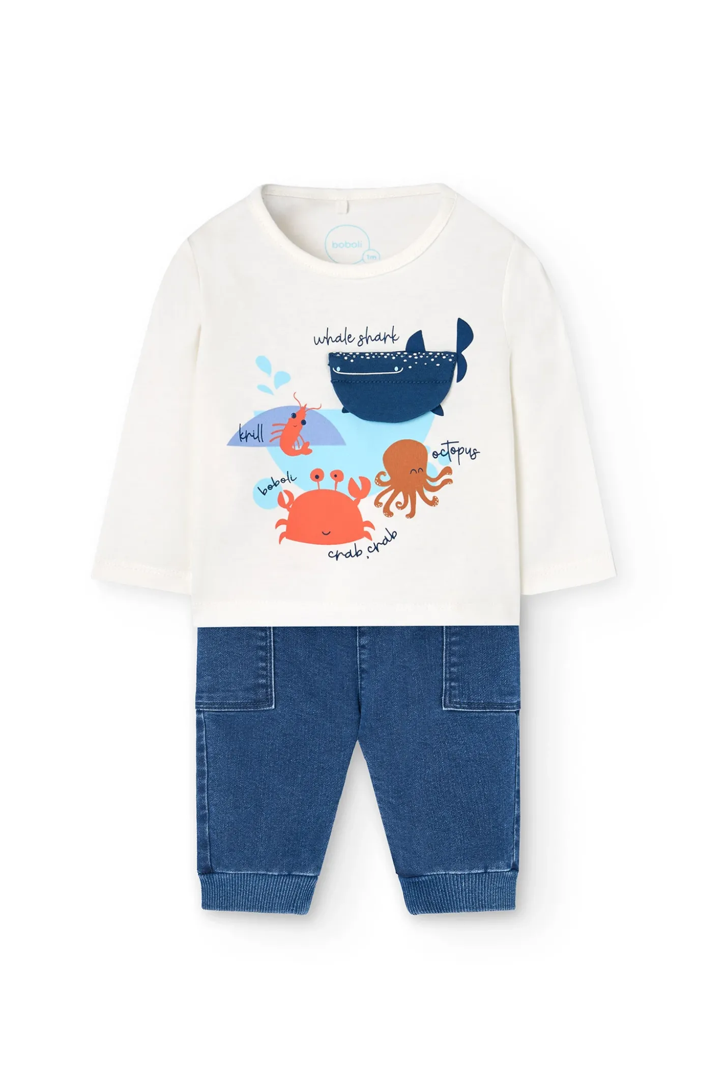Set di maglietta in maglia per neonato di colore bianco e pantalone in blu.