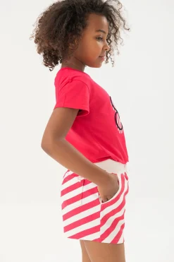 Short lavorati a maglia con motivo in rilievo per bambina in rosso e bianco.