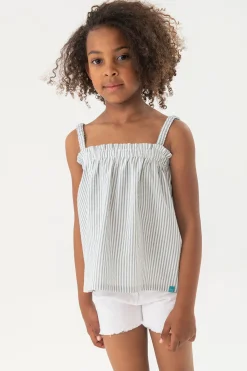 Top in popeline per bambina a righe blu e bianche.