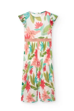 Tuta di chiffon plissettato per bambina con motivo floreale nei colori rosa e verde.