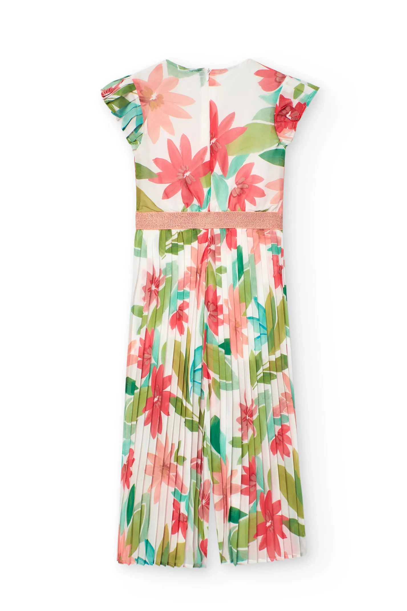 Tuta di chiffon plissettato per bambina con motivo floreale nei colori rosa e verde.
