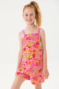 Tuta in maglia per bambina con design floreale in rosa e verde.