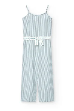 Tuta in popeline per bambina a righe in blu e bianco.