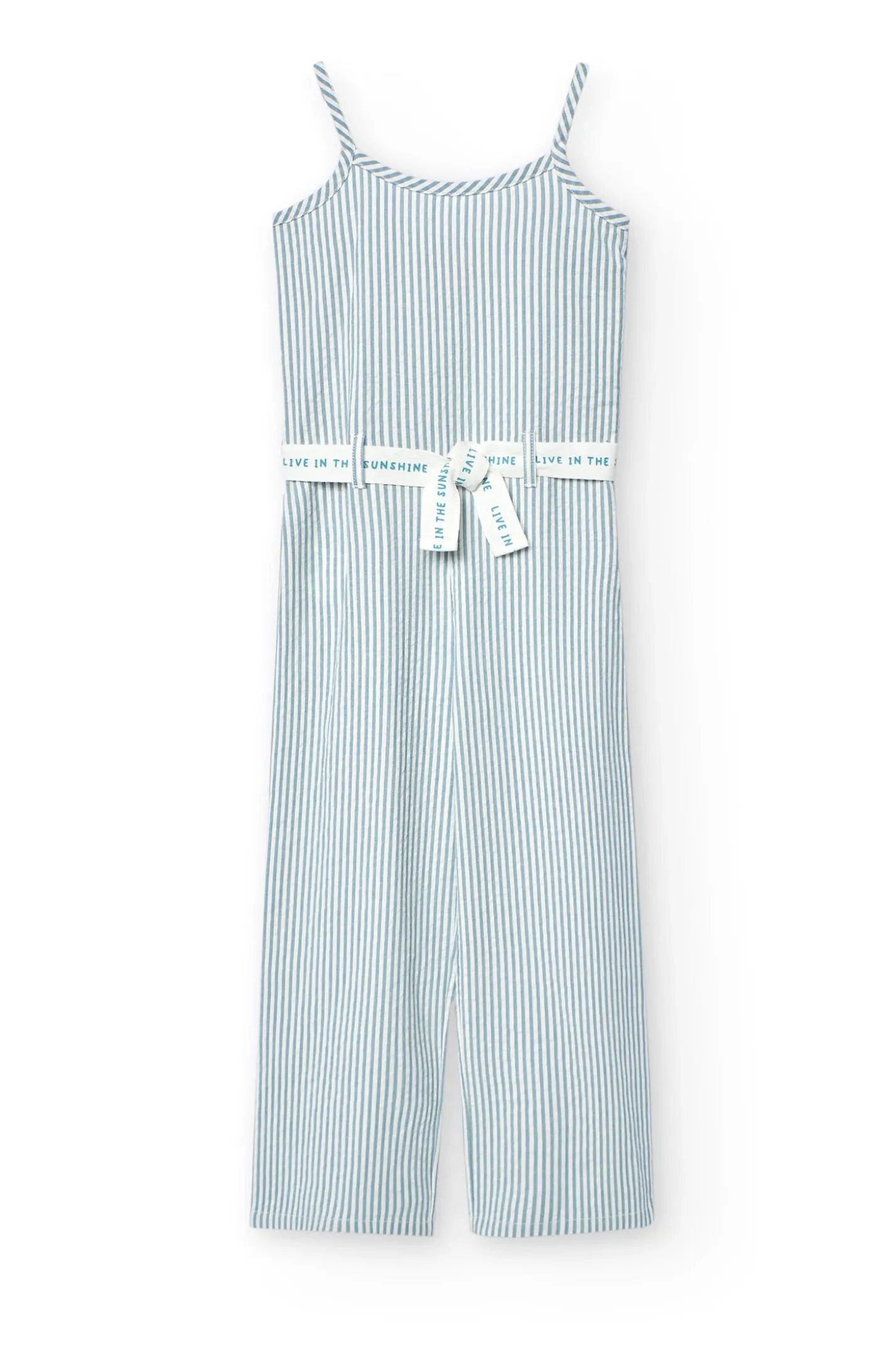 Tuta in popeline per bambina a righe in blu e bianco.