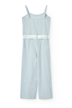 Tuta in popeline per bambina a righe in blu e bianco.