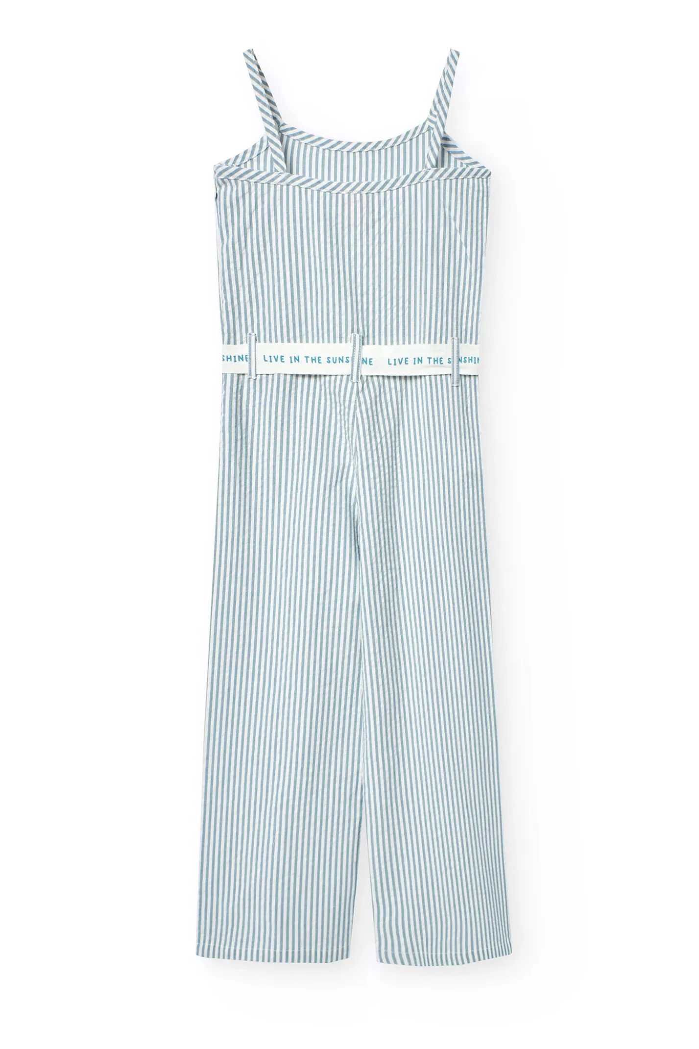 Tuta in popeline per bambina a righe in blu e bianco.