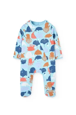 Tutina in maglia per neonato di colore blu con stampa di motivi marini.