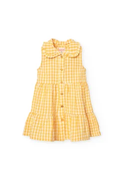 Vestito di popeline per neonata con stampa a quadri di colore giallo.