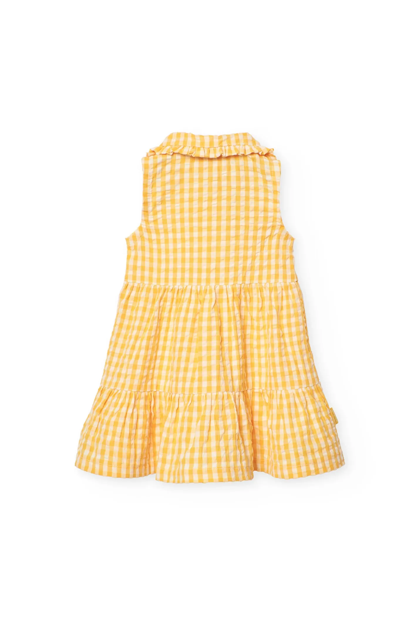 Vestito di popeline per neonata con stampa a quadri di colore giallo.
