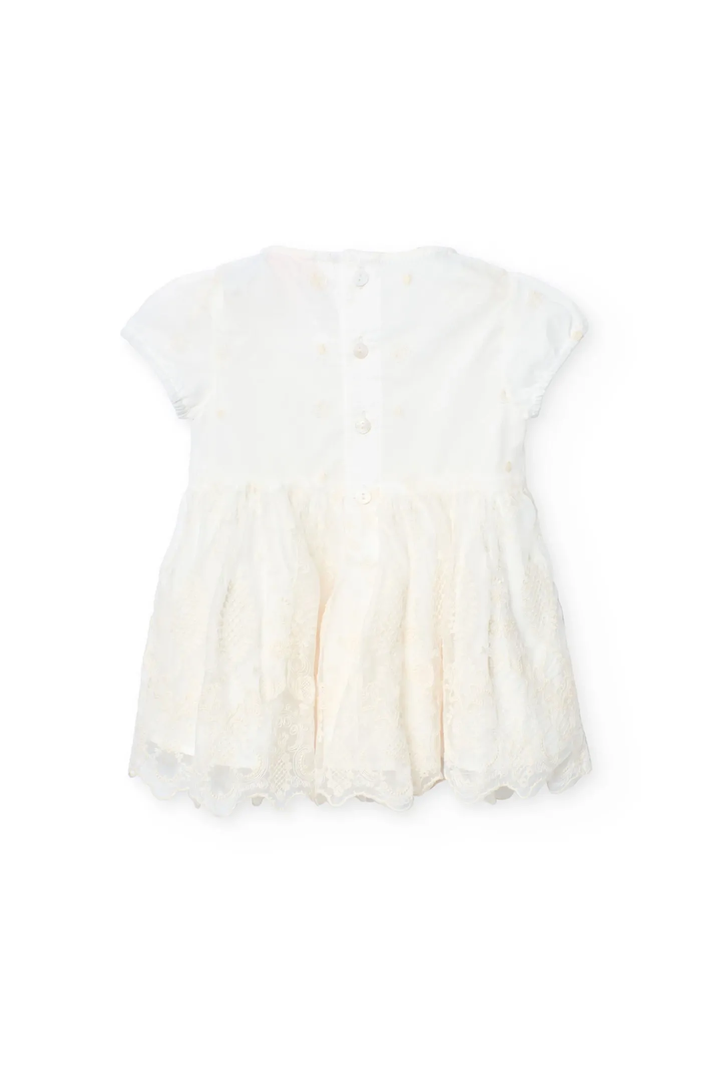 Vestito di tulle per bambina ricamato in colore bianco.