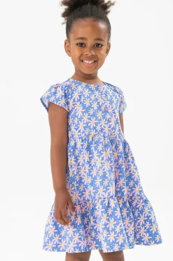 Vestito in maglia per bambina con stampa floreale nei colori blu e rosa