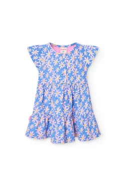 Vestito in maglia per bambina con stampa floreale nei colori blu e rosa