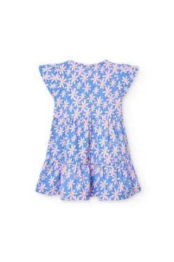 Vestito in maglia per bambina con stampa floreale nei colori blu e rosa