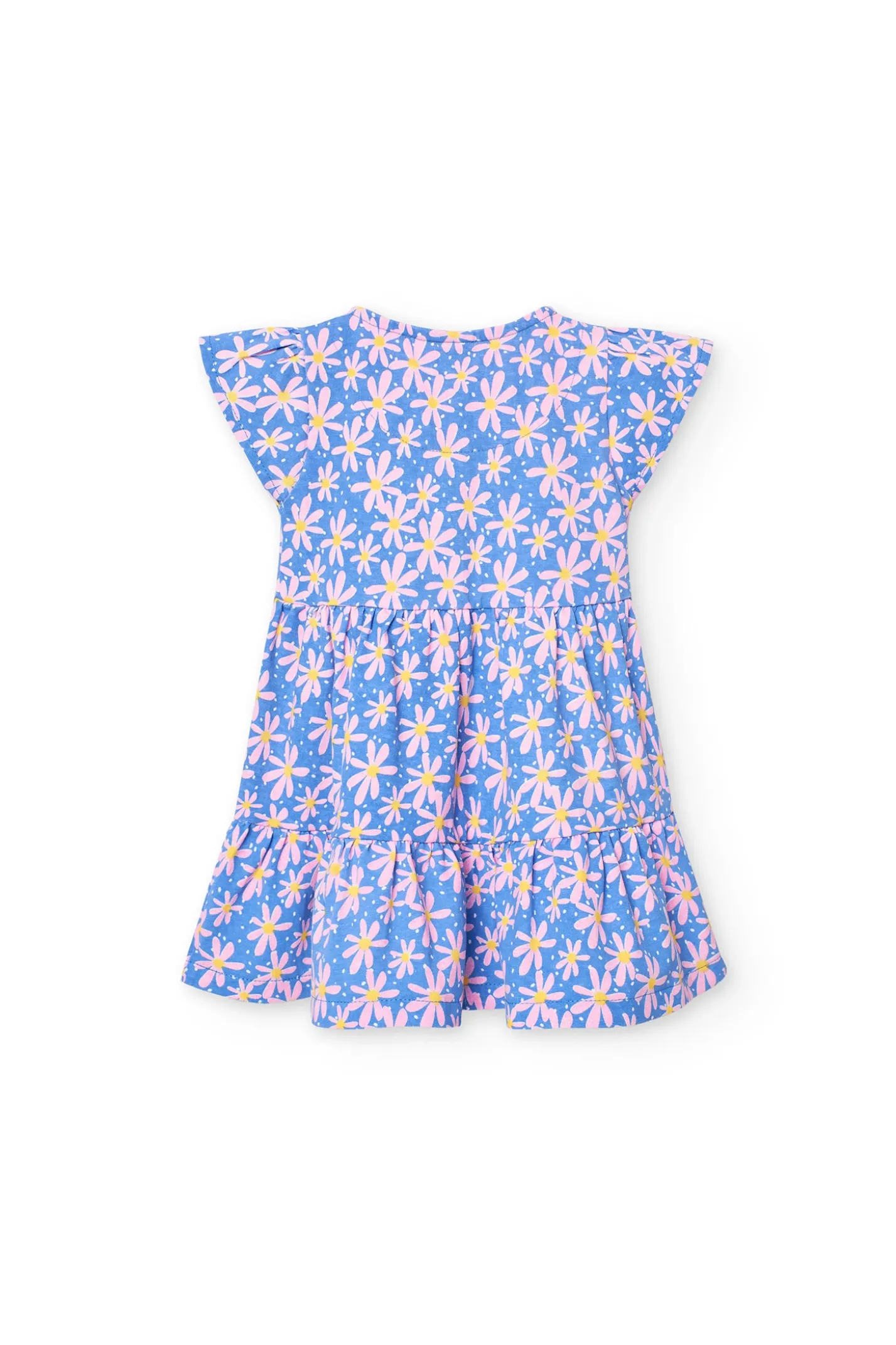 Vestito in maglia per bambina con stampa floreale nei colori blu e rosa