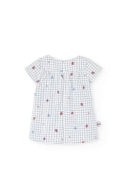 Vestito in popeline per neonata con stampa in bianco e blu